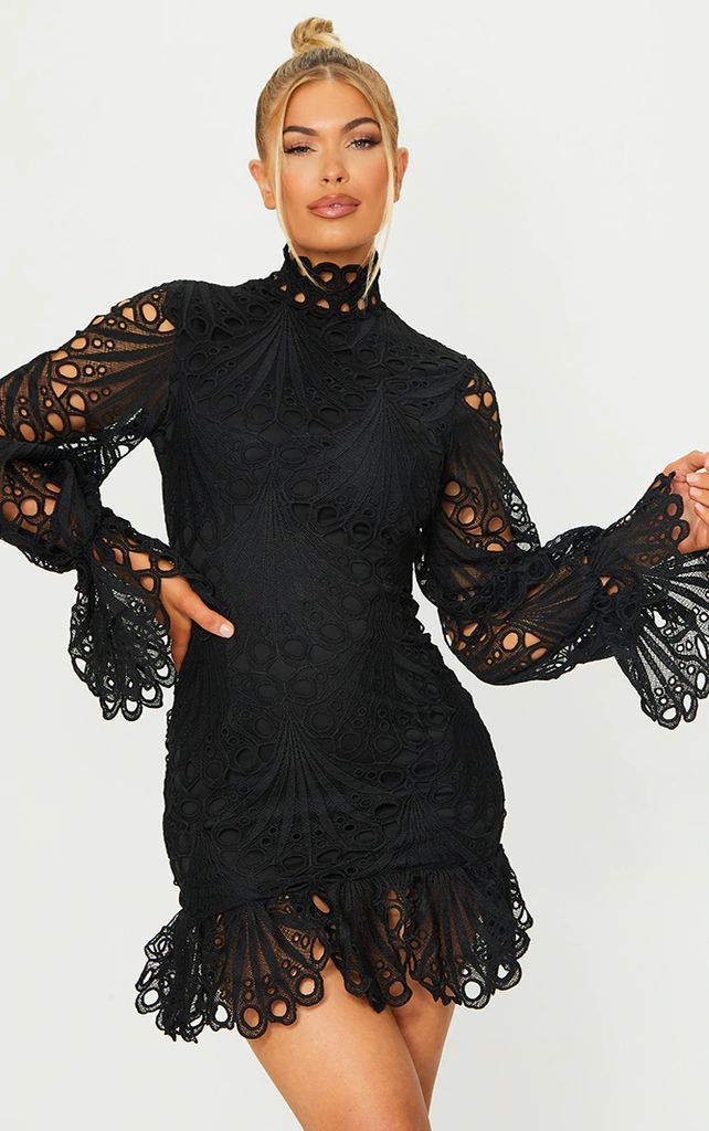 Black High Neck Lace Long Sleeve Frill Bodycon Dress, Black