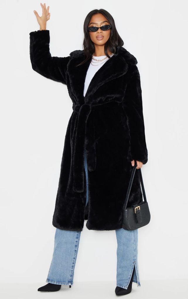 Petite Black Belted Faux Fur Coat, Black