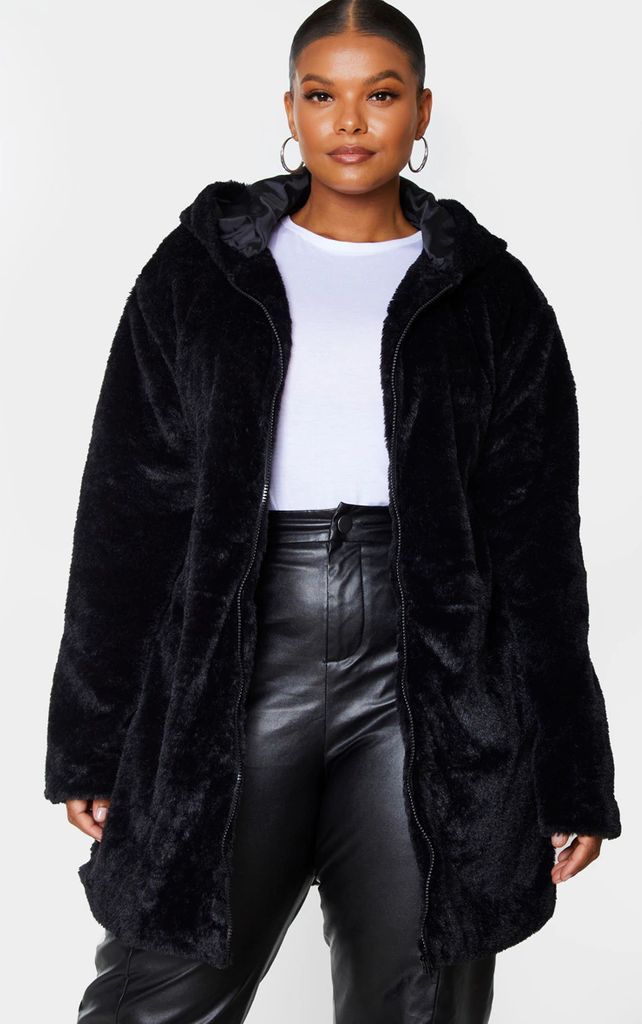 Plus Black Hooded Faux Fur Midi Coat, Black