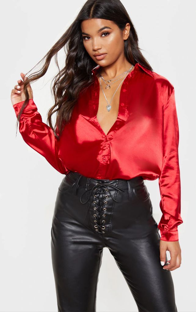 Red Satin Button Front Shirt, Red