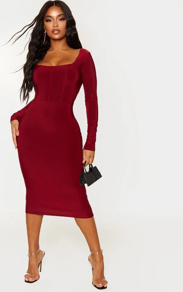Shape Burgundy Slinky Panelled Long Sleeve Midi Dress, Red
