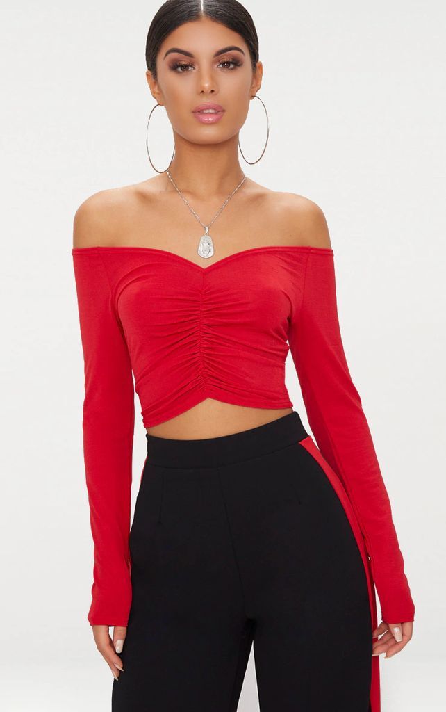 Red Slinky Ruched Front Long Sleeve Crop Top, Red