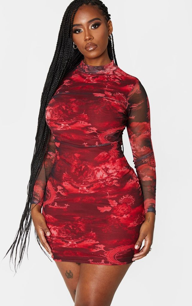 Shape Red Printed High Neck Mesh Bodycon Dress, Red