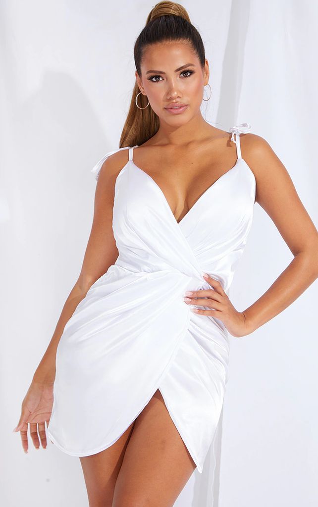 Shape White Satin Tie Shoulder Wrap Bodycon Dress, White