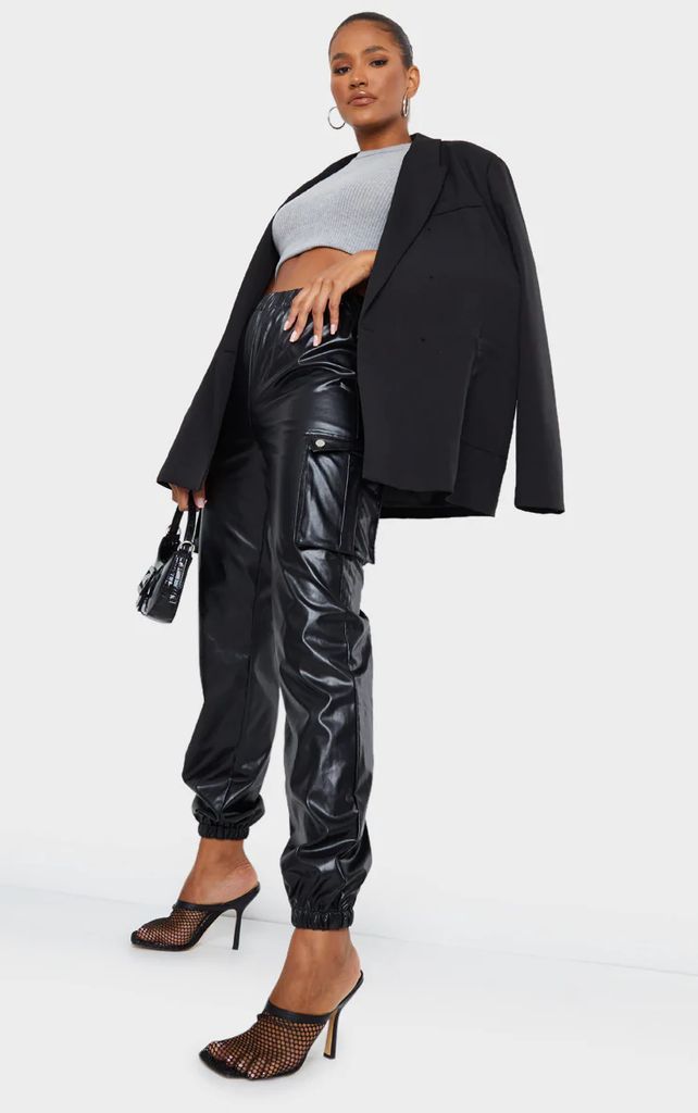 Black Faux Leather Cargo Trousers, Black