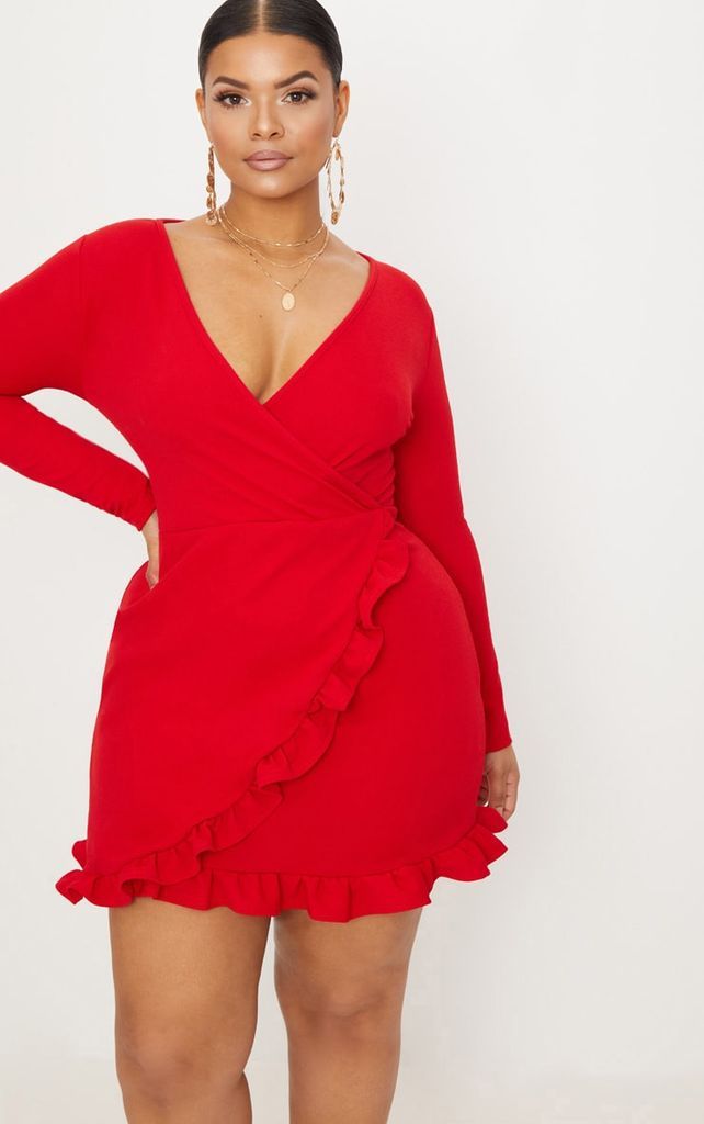 Plus Red Ruffle Detail Wrap Dress, Red