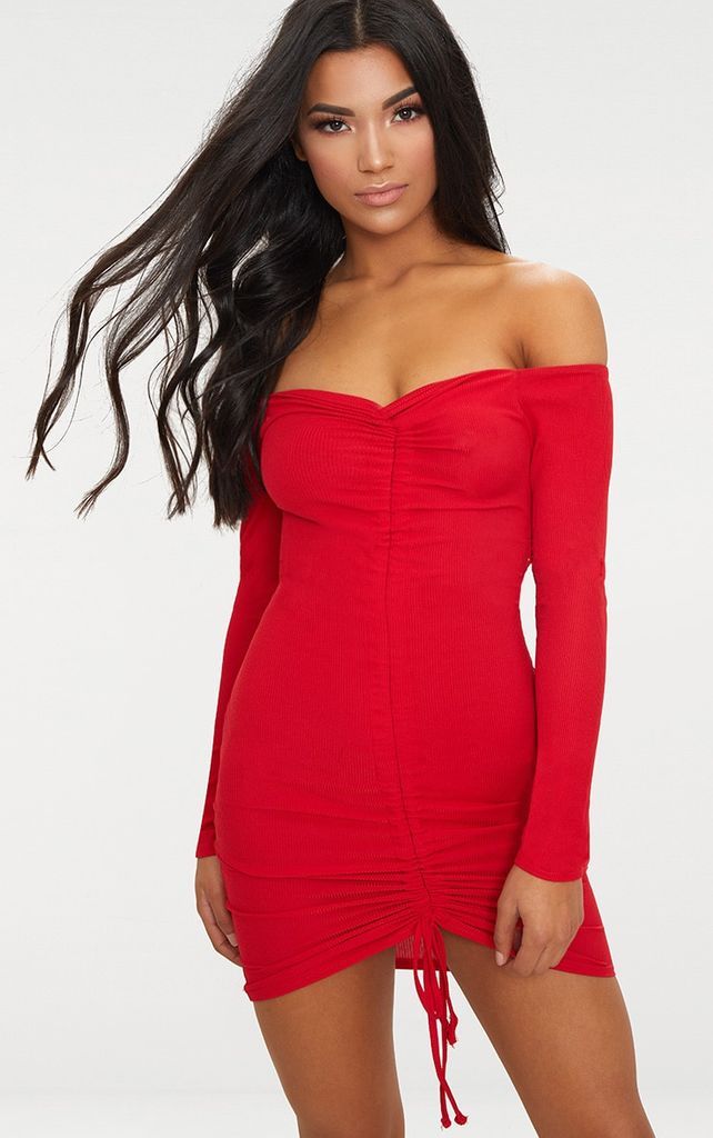 Red Ribbed Long Sleeve Bardot Ruched Bodycon Dress, Red