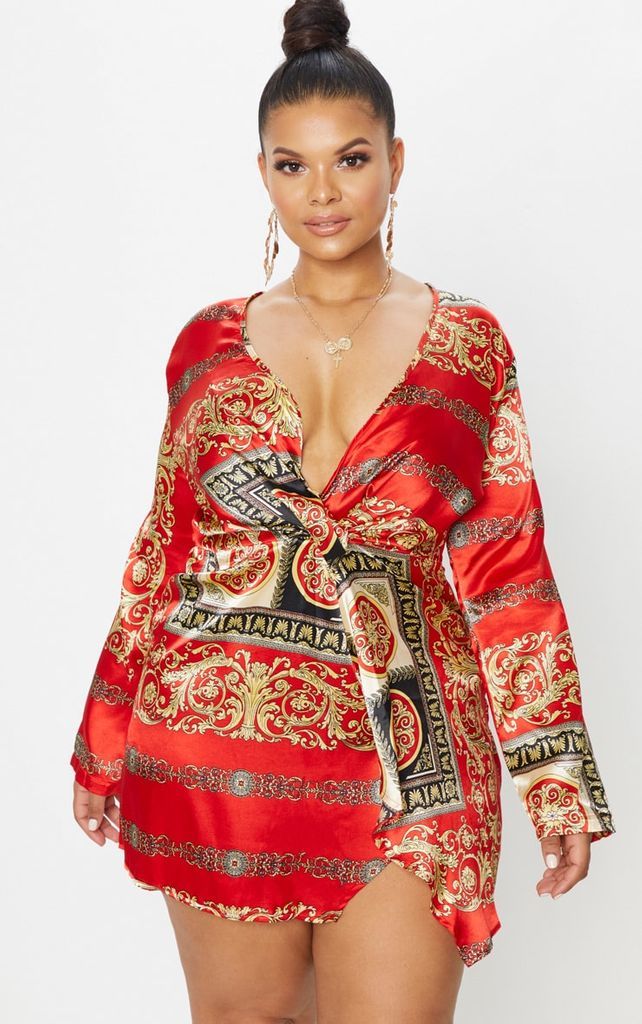 Plus Red Printed Satin Long Sleeve Wrap Dress, Red
