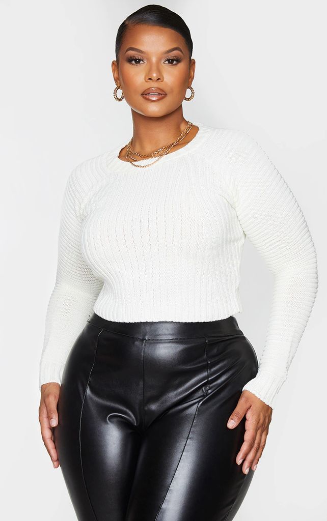 Plus White Cropped Rib Knit Jumper, White