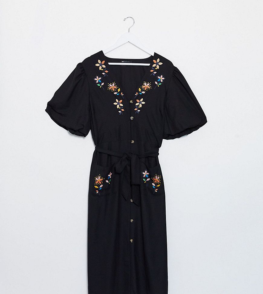 ASOS DESIGN Curve embroidered button through midi tea dress with puff sleeves in black