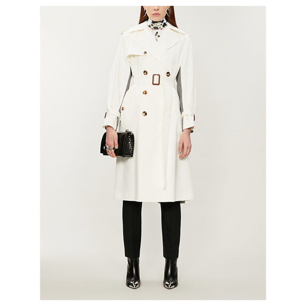 Houndstooth-panel double-breasted cotton trench coat
