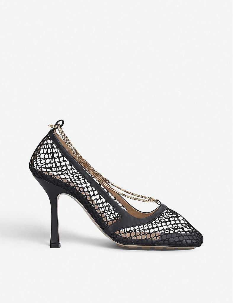 Chain-embellished leather and mesh heeled courts