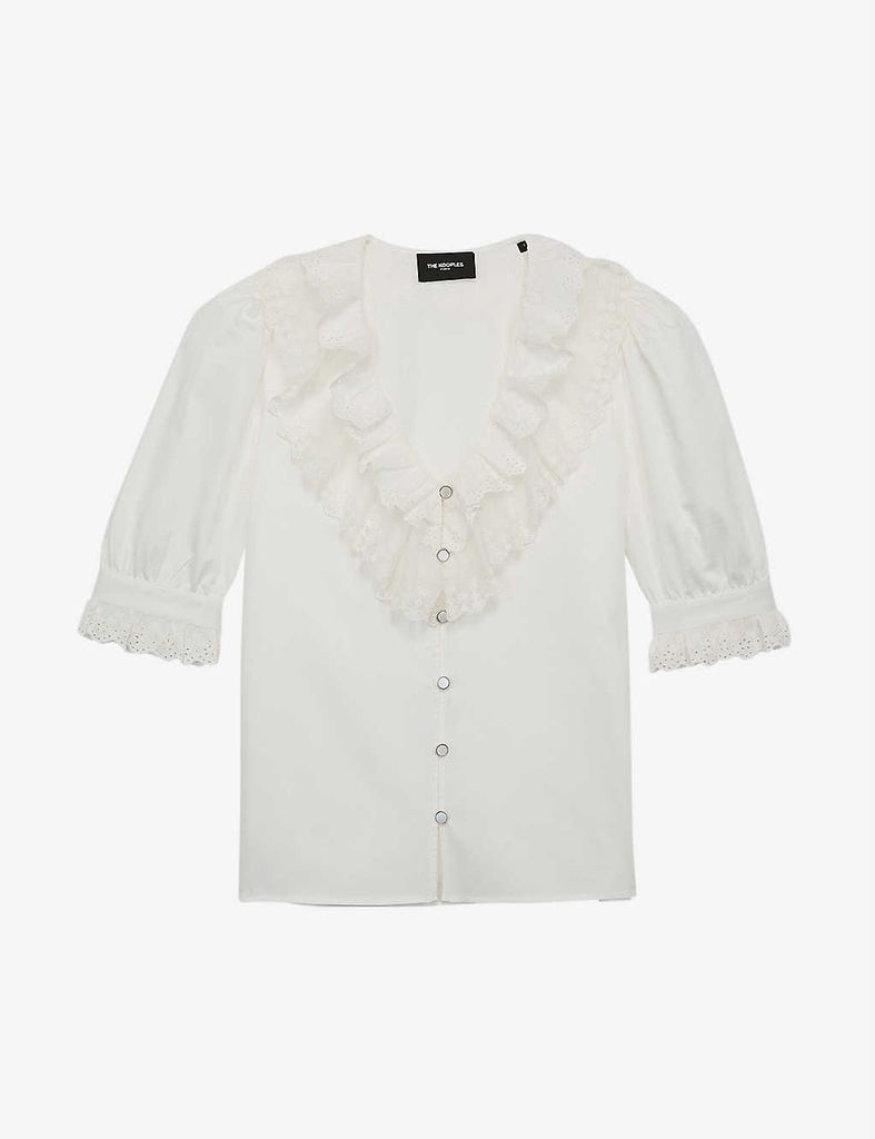 Ruffle-trimmed V-neck cotton top