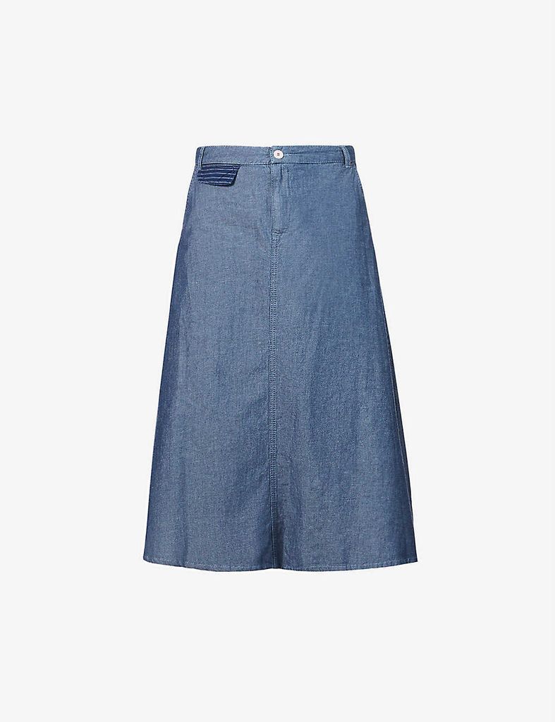 A-line cotton and linen-blend midi skirt
