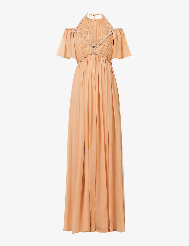 Braided-trim pleated silk-crepe gown