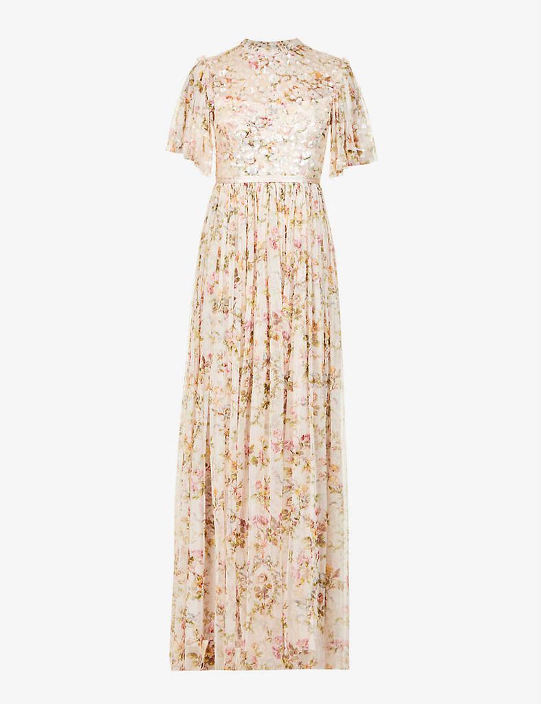 Garland floral-print sequin-embellished tulle gown