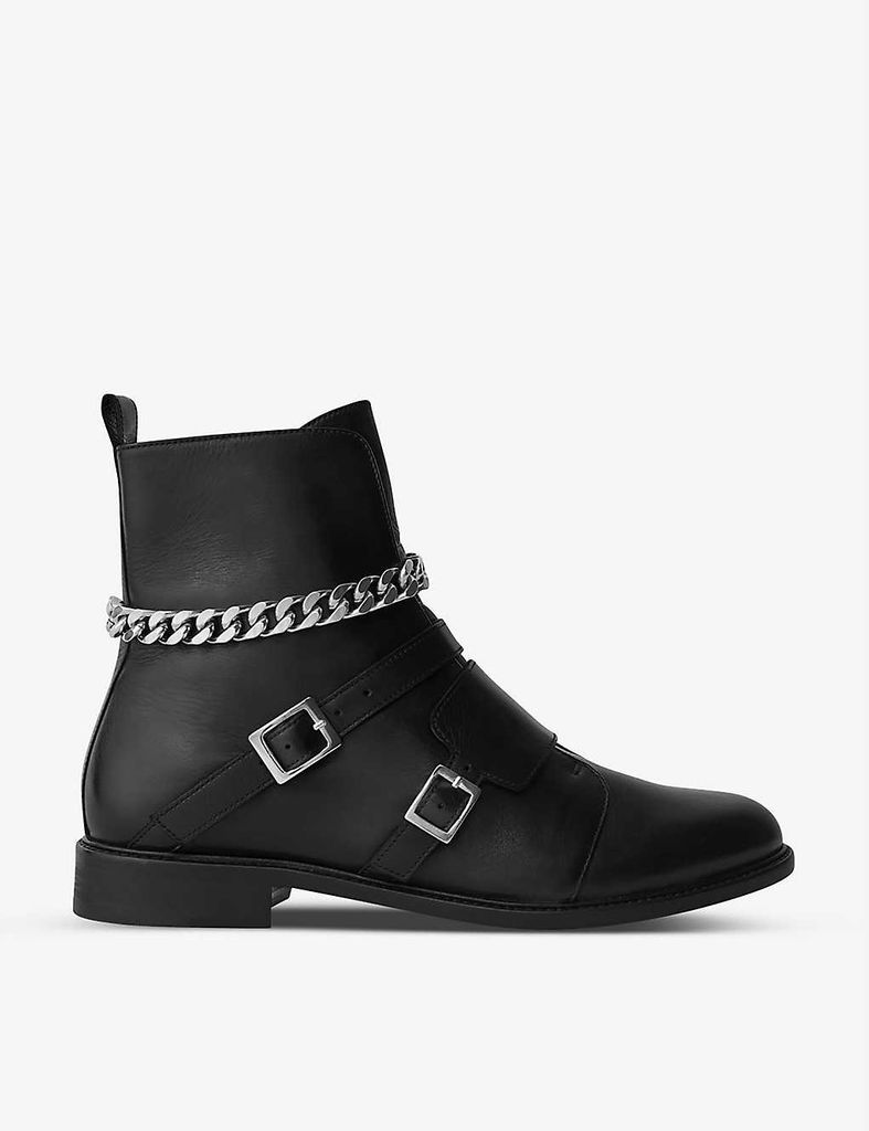 Chain-embellished leather ankle boots