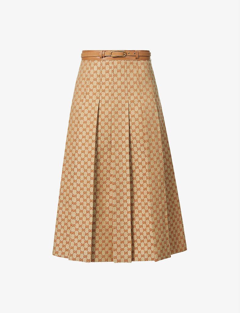 Logo-print high-waist linen-blend midi skirt