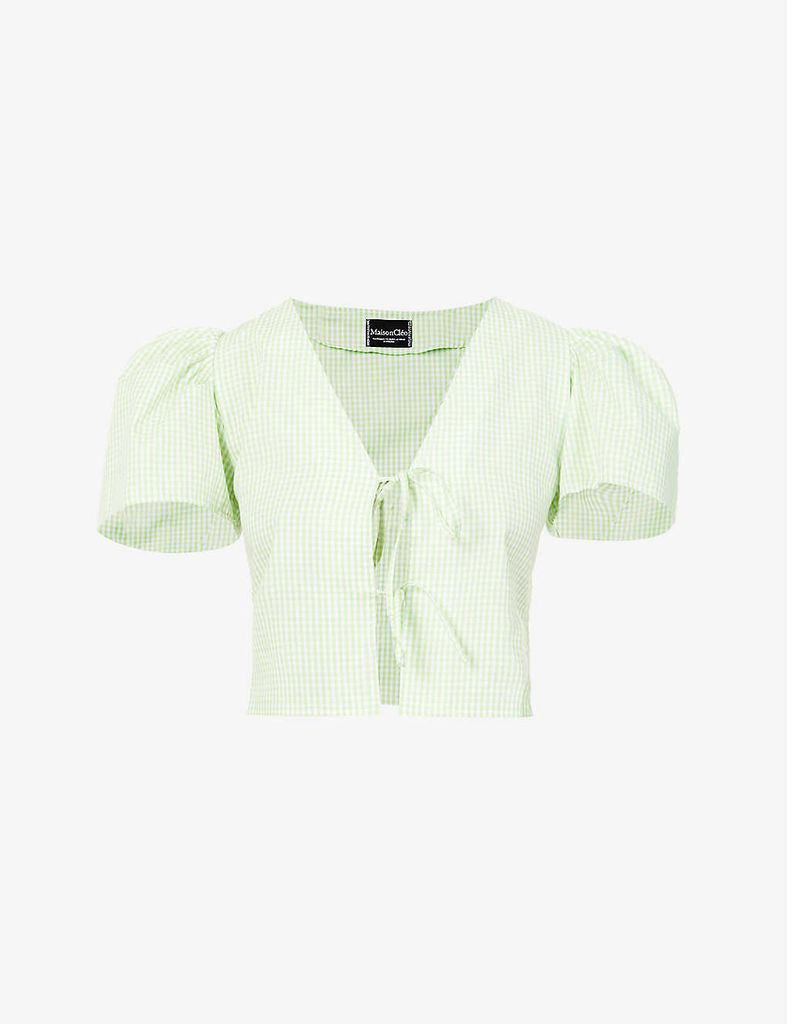 Vanessa checked puff-sleeve cotton blouse