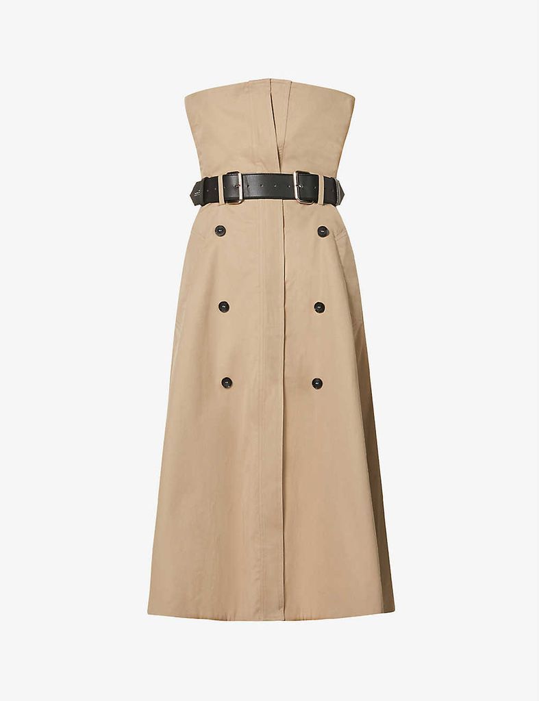 Belted high-waist cotton-twill midi skirt