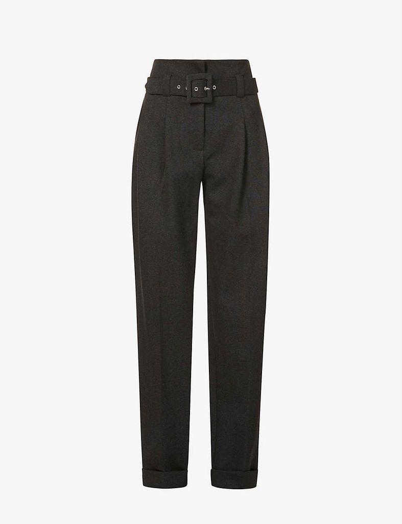 Belted tapered-leg high-rise woven trousers