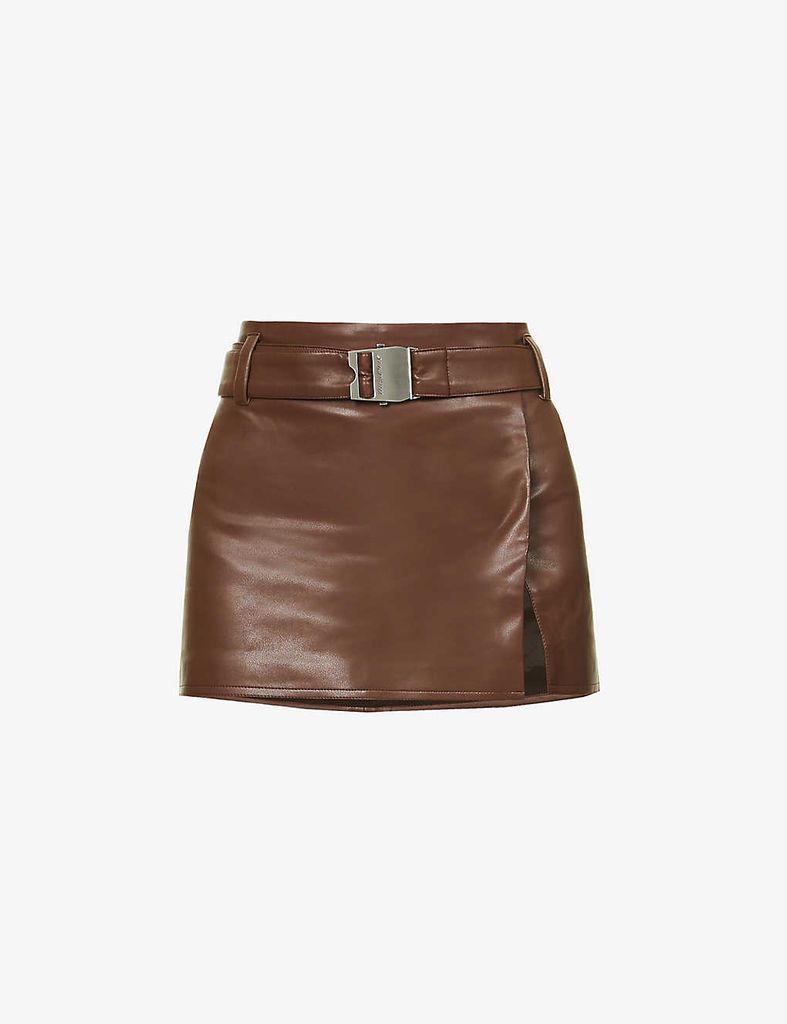 Belted high-waist vegan leather mini skirt