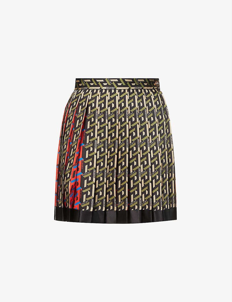 La Greca-print pleated satin mini skirt