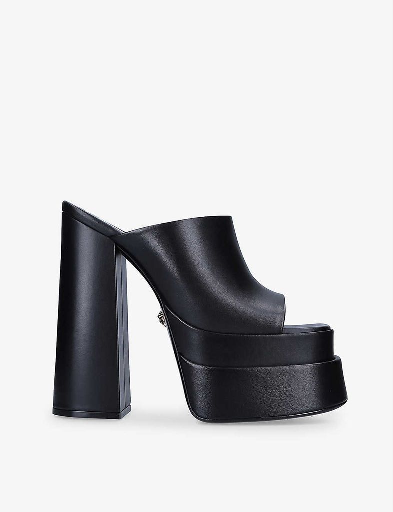 Branded chunky leather platform mules