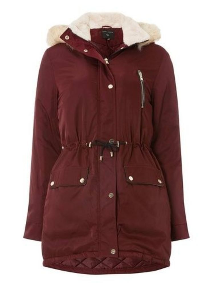 Womens Burgundy Faux Fur Parka Coat- Red, Red