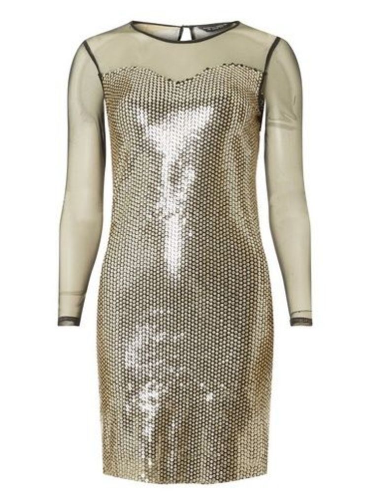 Womens Black And Gold Long Sleeve Bodycon Dress, Gold