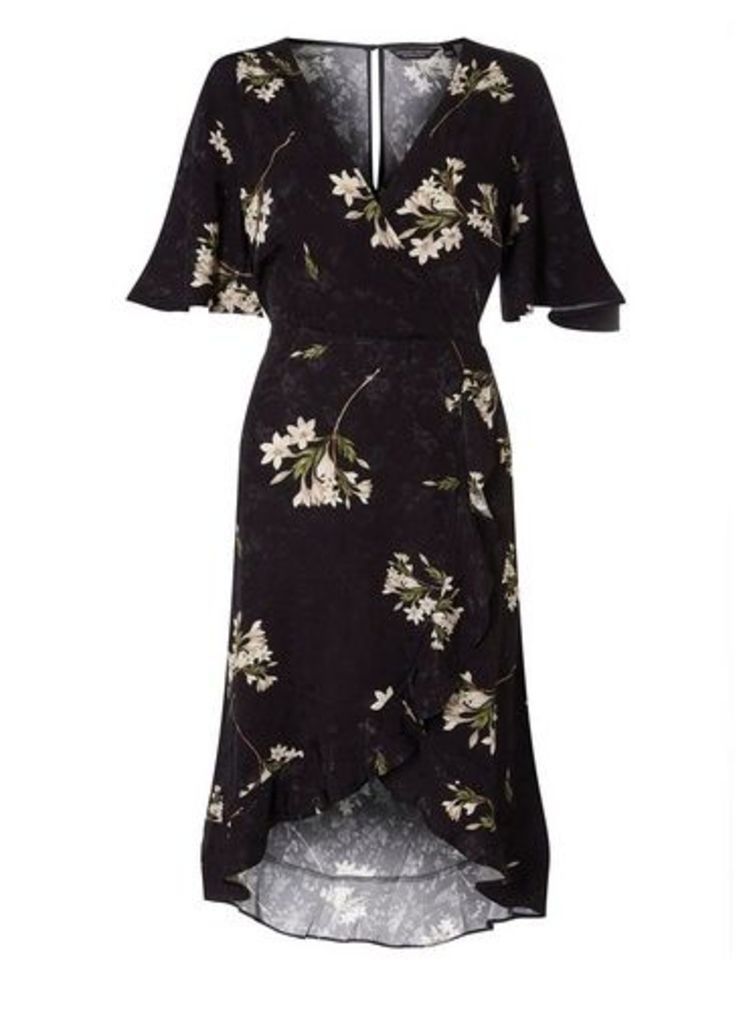 Womens Black Satin Jacquard Midi Wrap Dress, Black