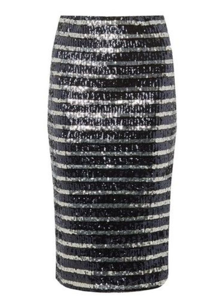 Womens Navy And Silver Sequin Striped Pencil Skirt- Blue, Blue
