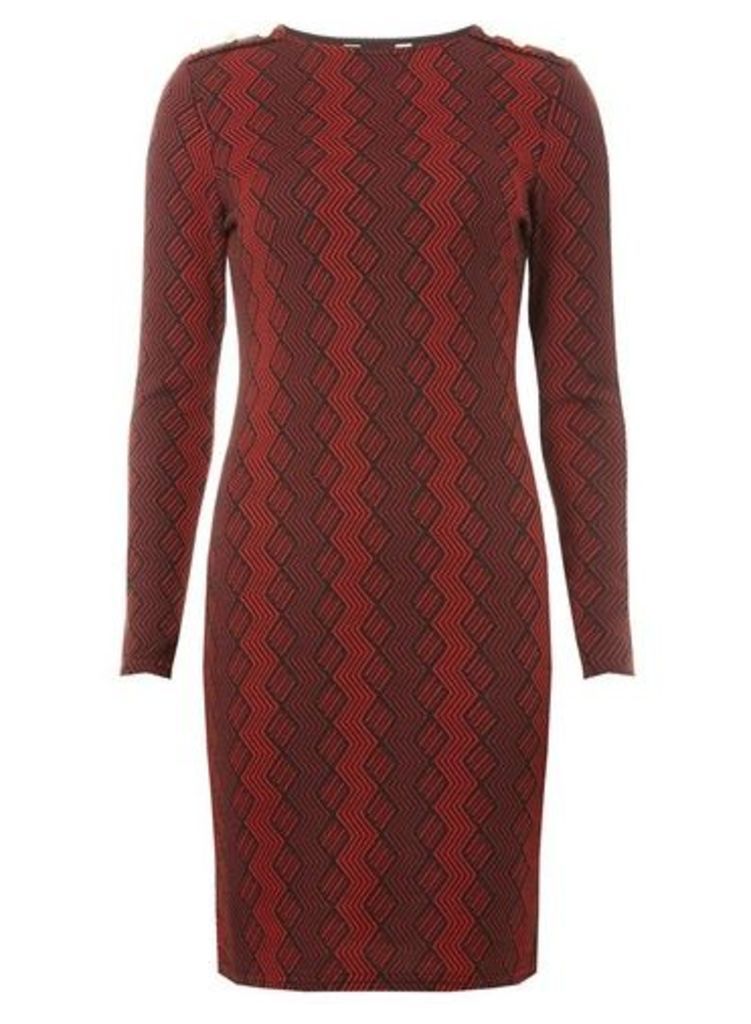 Womens Red Geometric Button Detail Bodycon Dress- Red, Red