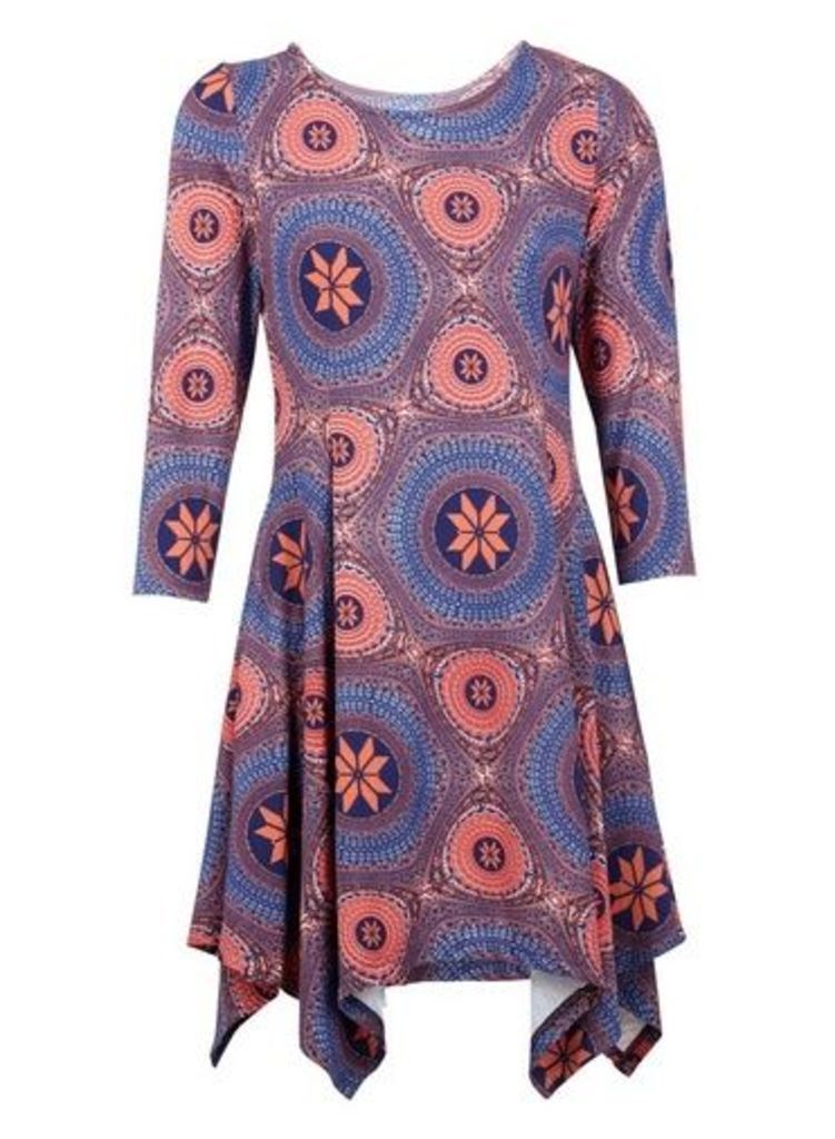 Womens Izabel London Blue Geometric Print Hanky Hem Dress, Blue