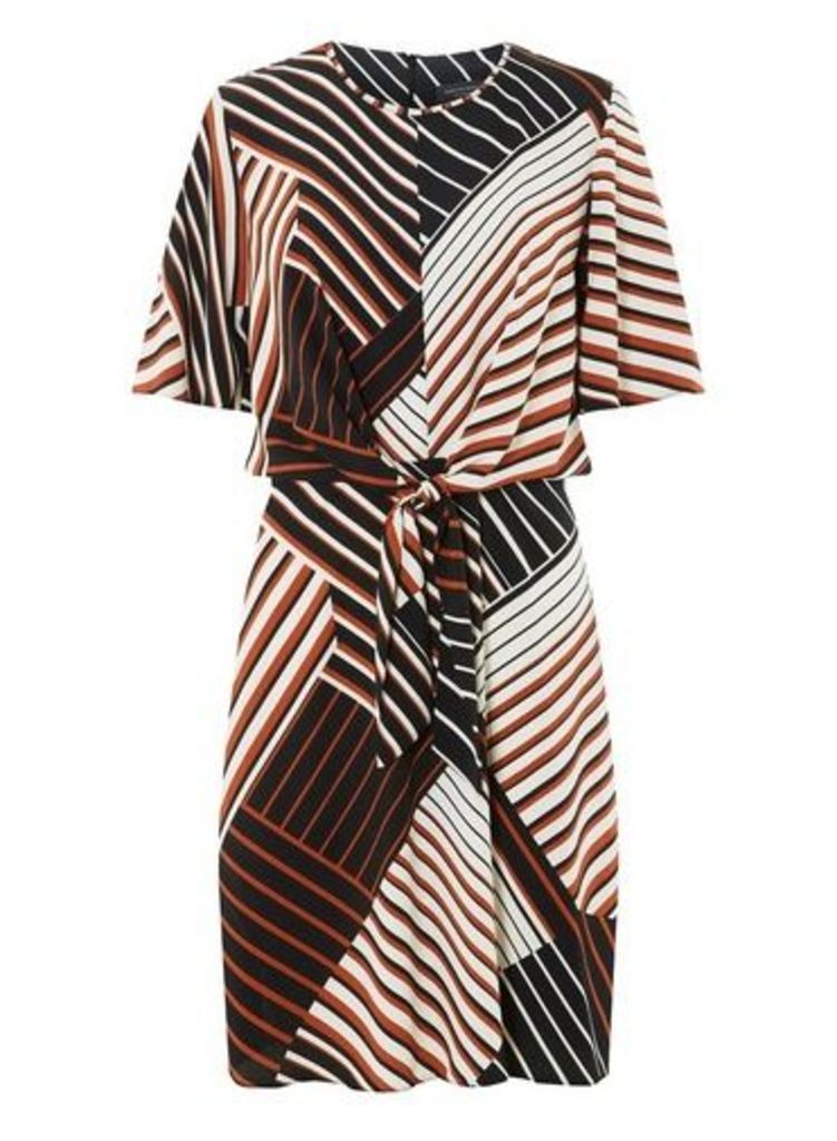 Womens Tall Multi Coloured Stripe Print Knot Front Shift Dress - Black, Black
