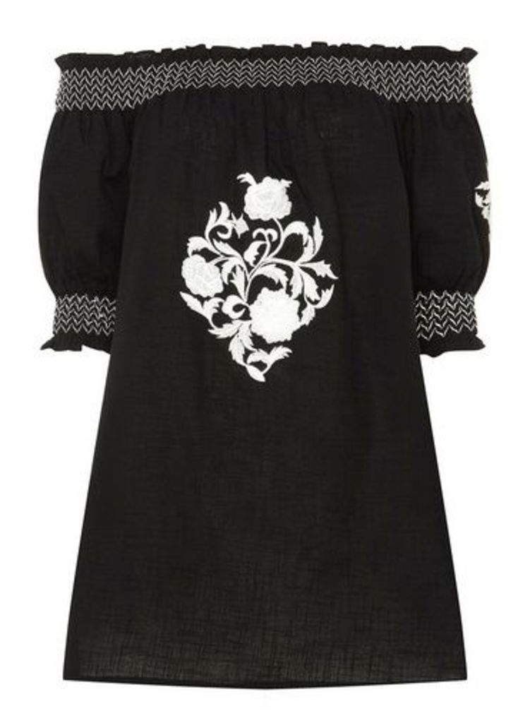 Womens Black Embroidered Bardot Tunic- Black, Black