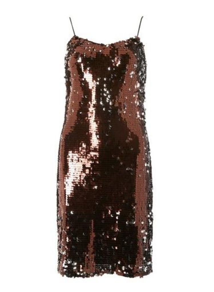 Womens **Tall Chocolate Brown Sequin Slip Dress, Brown