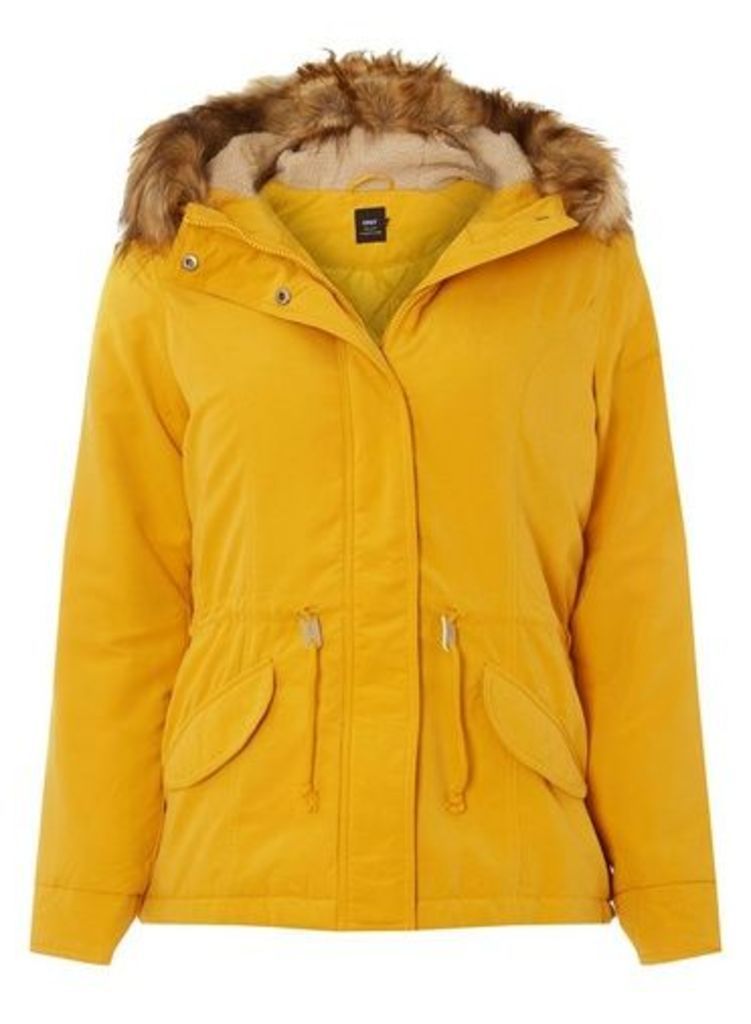 Womens **Only Mustard Faux Fur Parka Coat- Yellow, Yellow