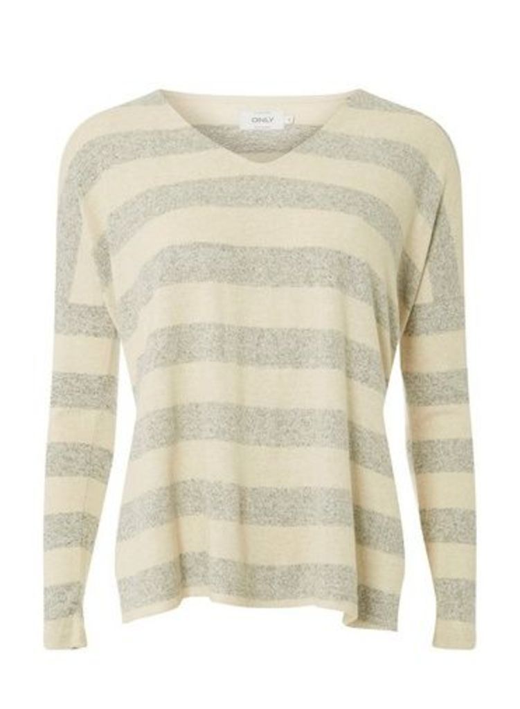 Womens **Only Cream And Grey Striped Knitted Top- Multi Colour, Multi Colour