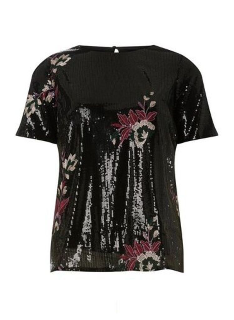 Womens Black Embroidered Sequin Top, Black
