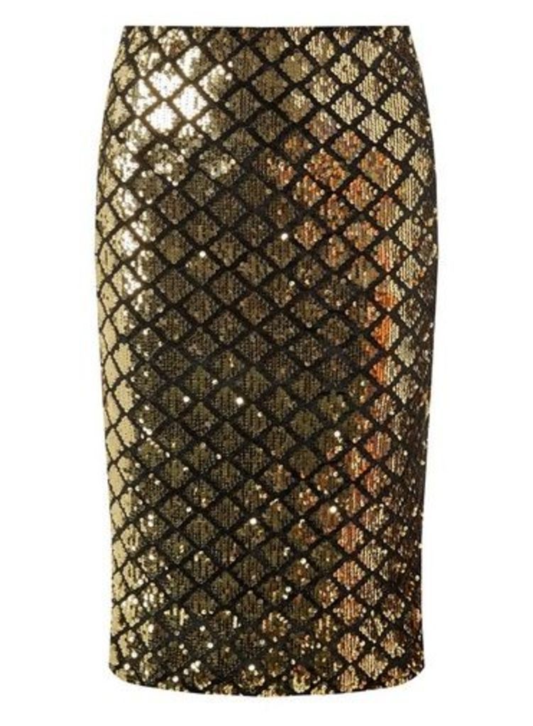 Womens Gold And Black Diamond Sequin Pencil Skirt, Gold