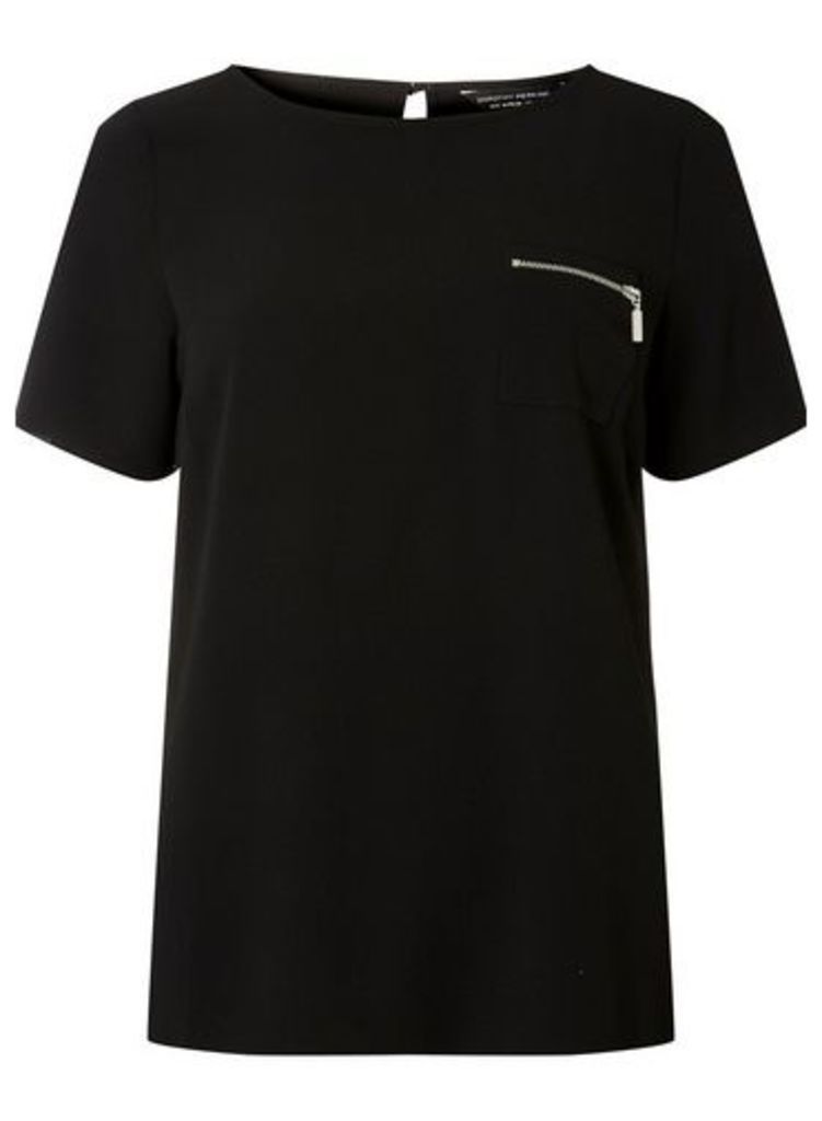 Womens Black Zip Pocket T-Shirt- Black, Black