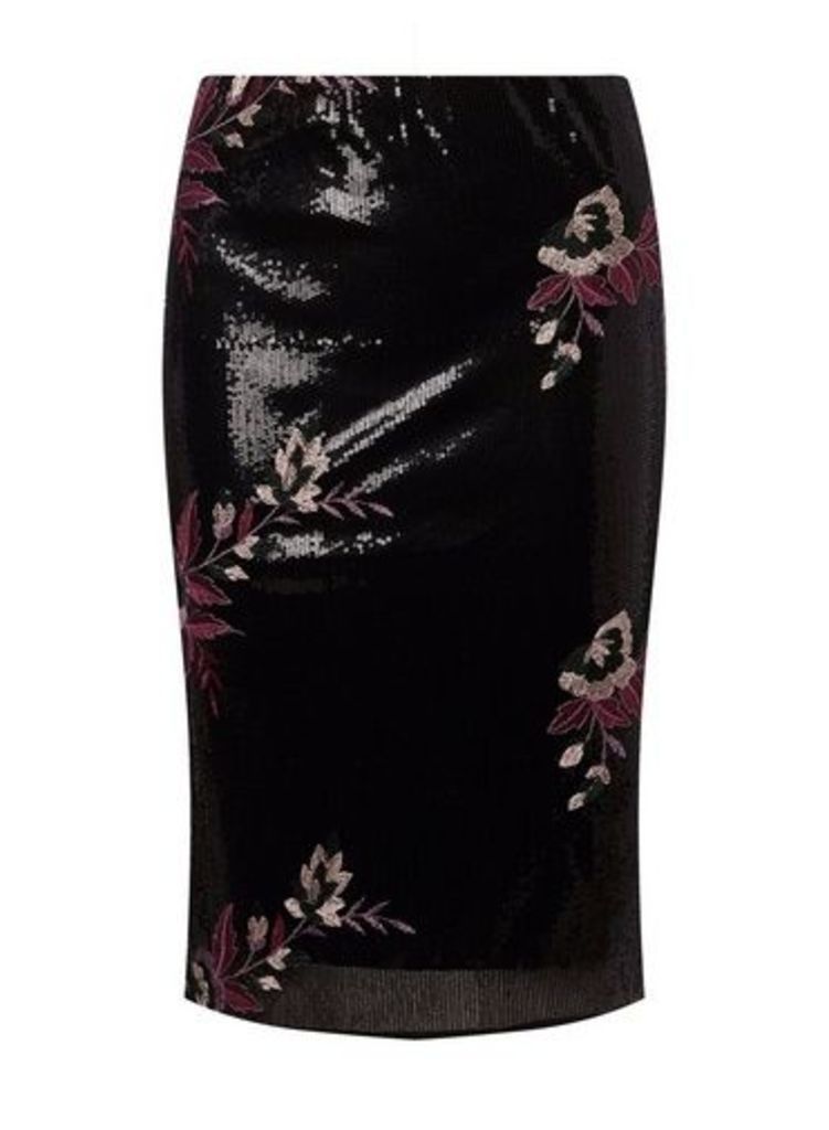Womens Black Sequin Floral Embroidered Pencil Skirt- Black, Black