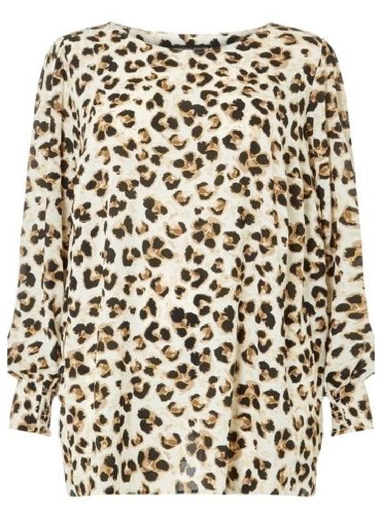 Womens **Dp Curve Multi Colour Leopard Print Long Sleeve Shirred Soft Top- Brown, Brown