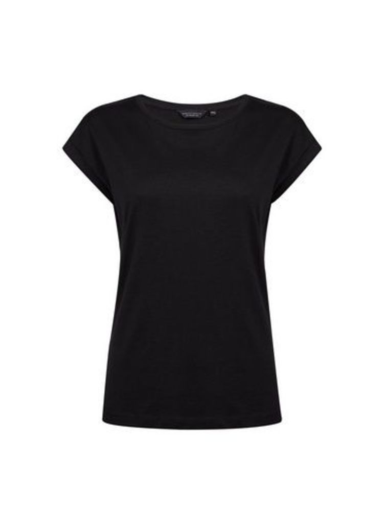 Womens Black Roll Sleeve Cotton T-Shirt, Black