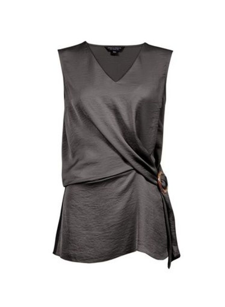 Womens Black Sleveless Top With Horn Buckle- Black, Black