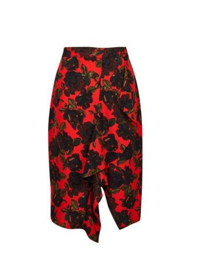 Womens Red Rose Print Ruffle Pencil Skirt- Red, Red