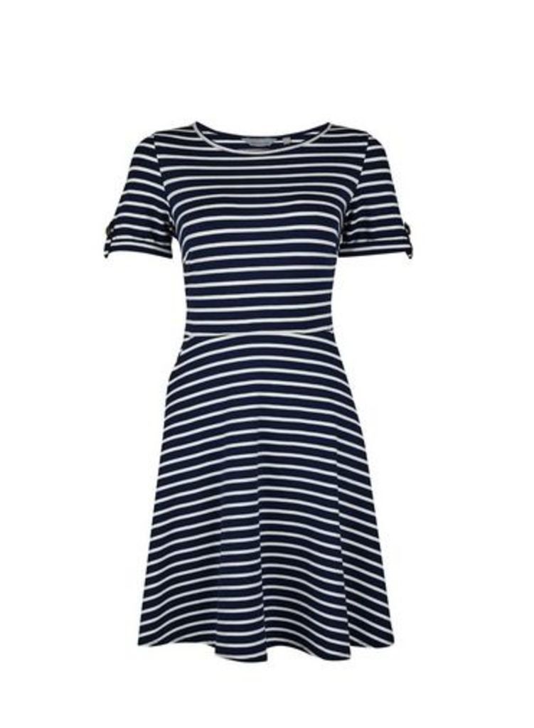 Womens Petite Navy Stripe Print Fit And Flare Dress- Blue, Blue