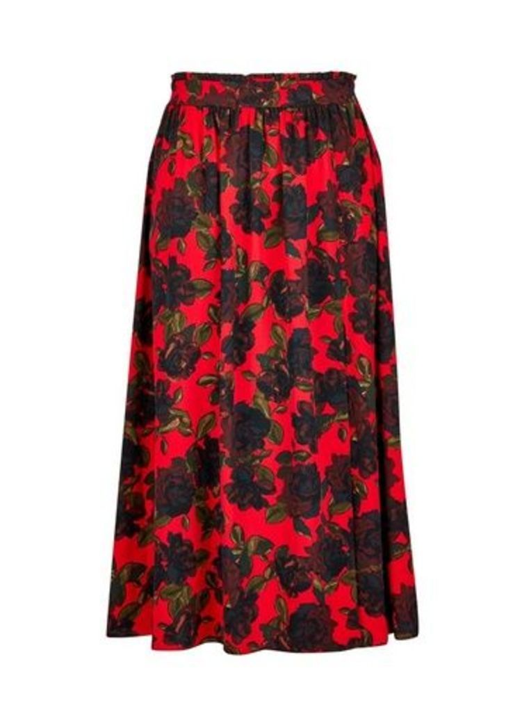 Womens Red Rose Wrap Midi Skirt- Red, Red
