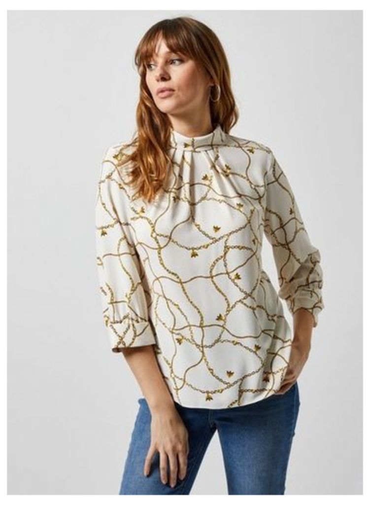 Womens Ivory Bee Chain Print Roll Neck 3/4 Sleeve Blouse- Ivory, Ivory